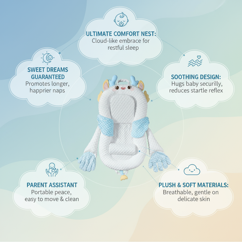 Espreguiçadeira inteligente e calmante para bebês com mãos que fazem carinho.