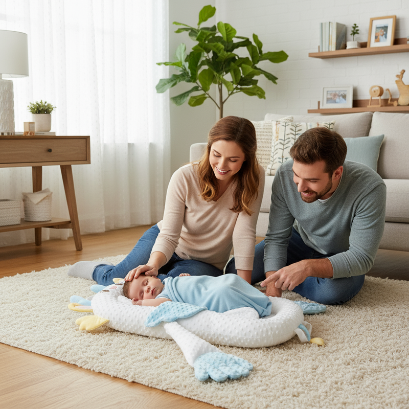 Espreguiçadeira inteligente e calmante para bebês com mãos que fazem carinho.