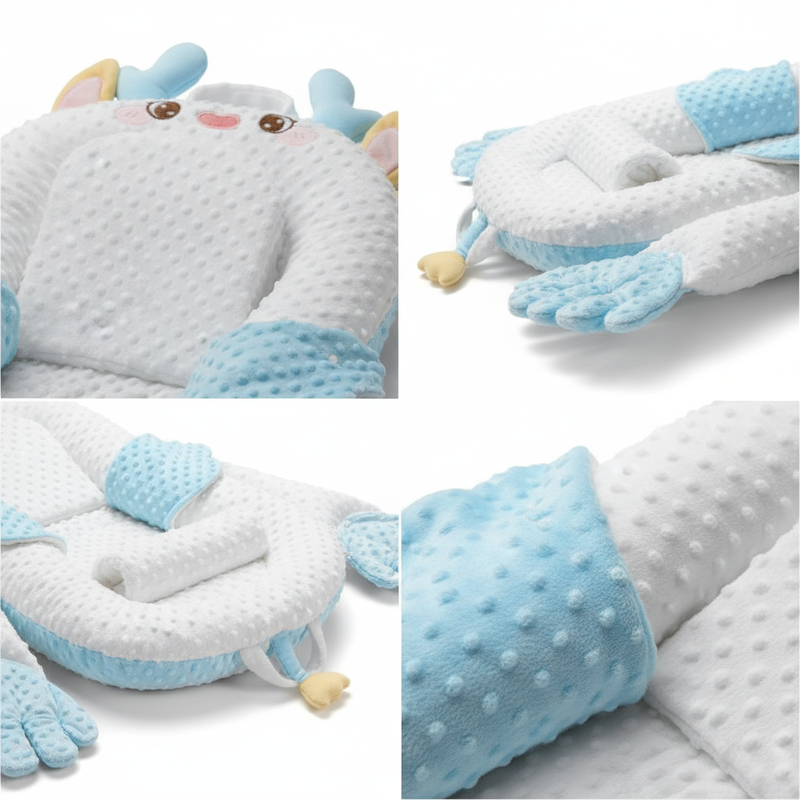 Espreguiçadeira inteligente e calmante para bebês com mãos que fazem carinho.