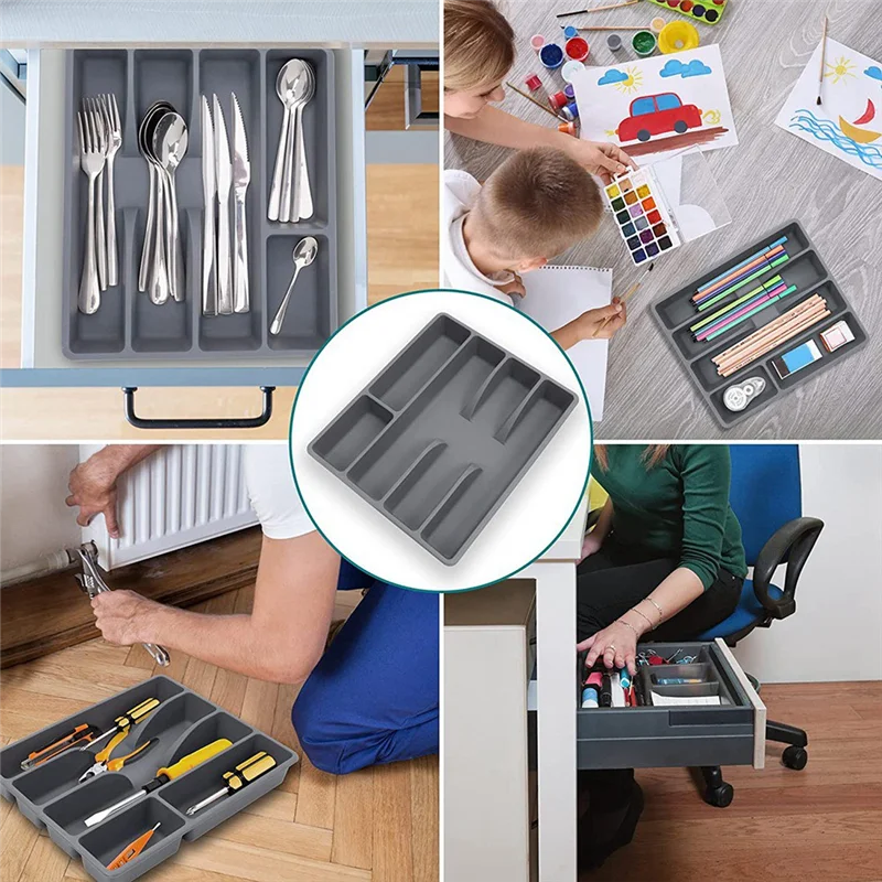 Organizador de Talheres Para Gaveta com 5 Divisórias Cinza