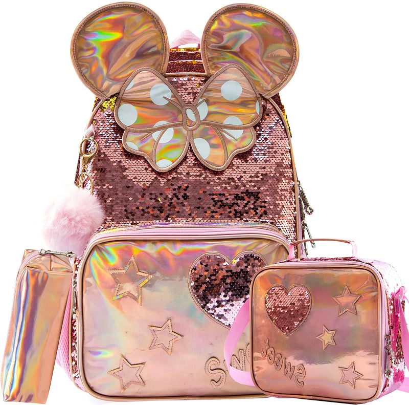 Kit Escolar para Menina com Lantejoulas - Mochila, Lancheira e Estojo