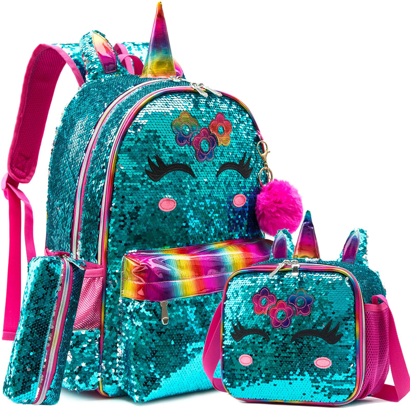 Kit Escolar para Menina com Lantejoulas - Mochila, Lancheira e Estojo