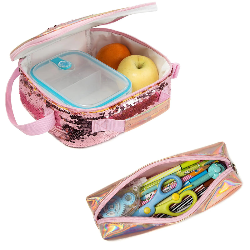 Kit Escolar para Menina com Lantejoulas - Mochila, Lancheira e Estojo