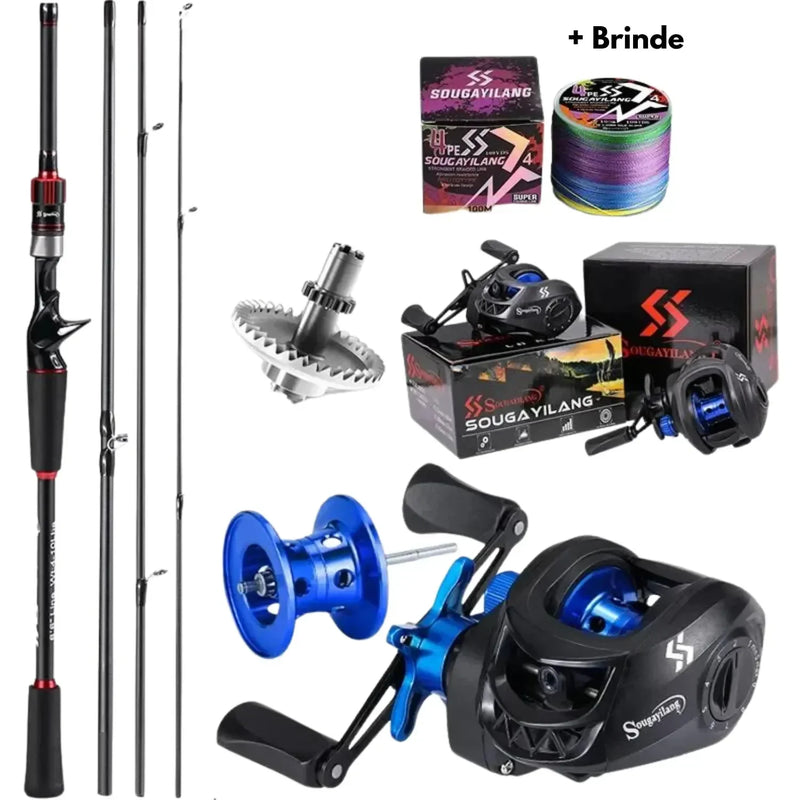 Conjunto Carbon - Carretilha com 10KG de DRAG - Vara 10/25 LBS + Linha Multifilamento