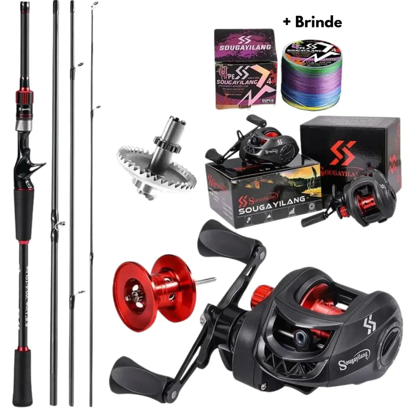 Conjunto Carbon - Carretilha com 10KG de DRAG - Vara 10/25 LBS + Linha Multifilamento